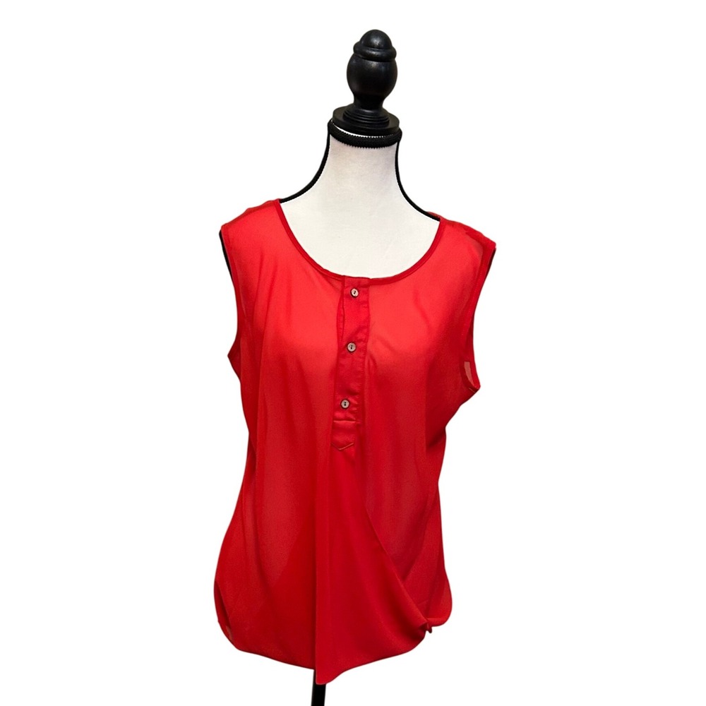 HALO Red Sleeveless Blouse Sheer Button Detail Women's Top Medium